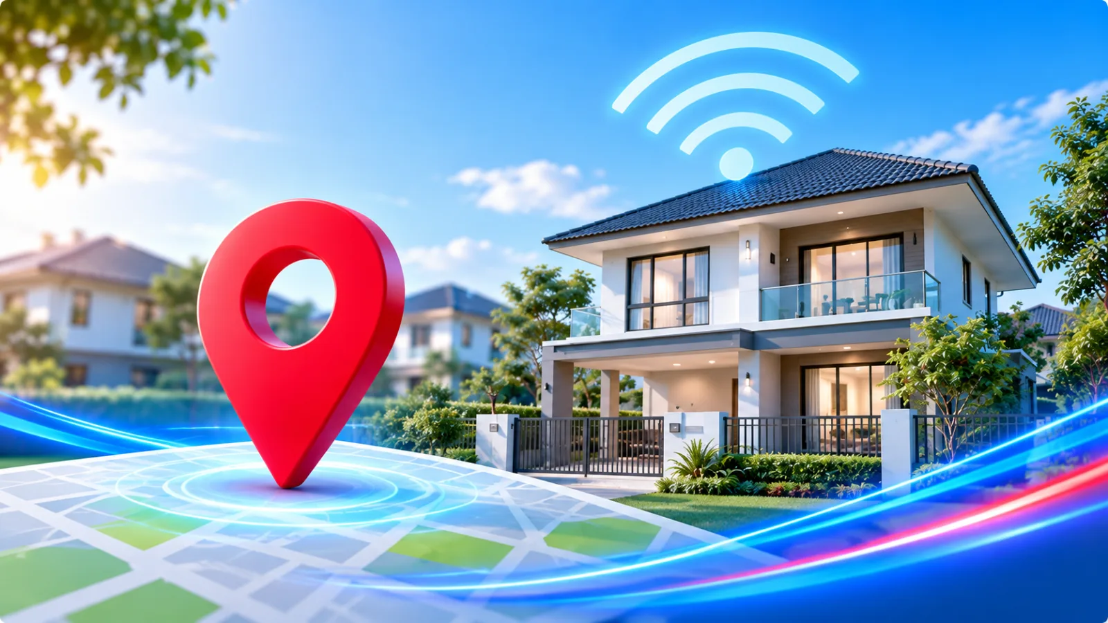 บ้านพักอาศัยพร้อมสัญลักษณ์ตำแหน่งและสัญญาณ Wi-Fi สำหรับตรวจสอบพื้นที่ติดตั้งเน็ตบ้าน